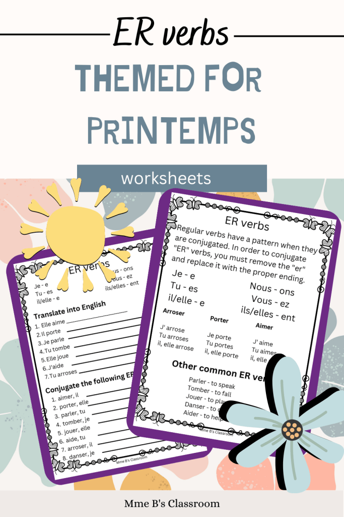 Every unit has its own special set of verbs that we try to teach our students. "Le Printemps" lends itself to a wide range of verbs that we can authentically use in the classroom and so I have created this worksheet with those verbs specifically in mind.